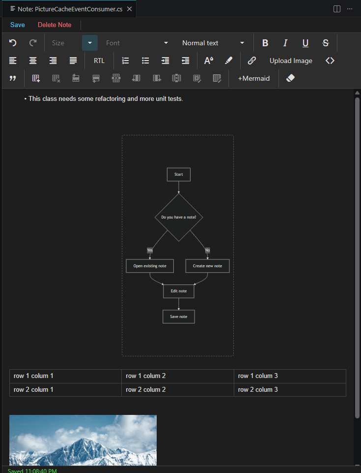 DevRichNotes screenshot of the note editor